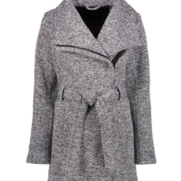 Steve Madden Black & White Salt & Pepper Heathered Belted Coat SZ Medium - Picture 2 of 12